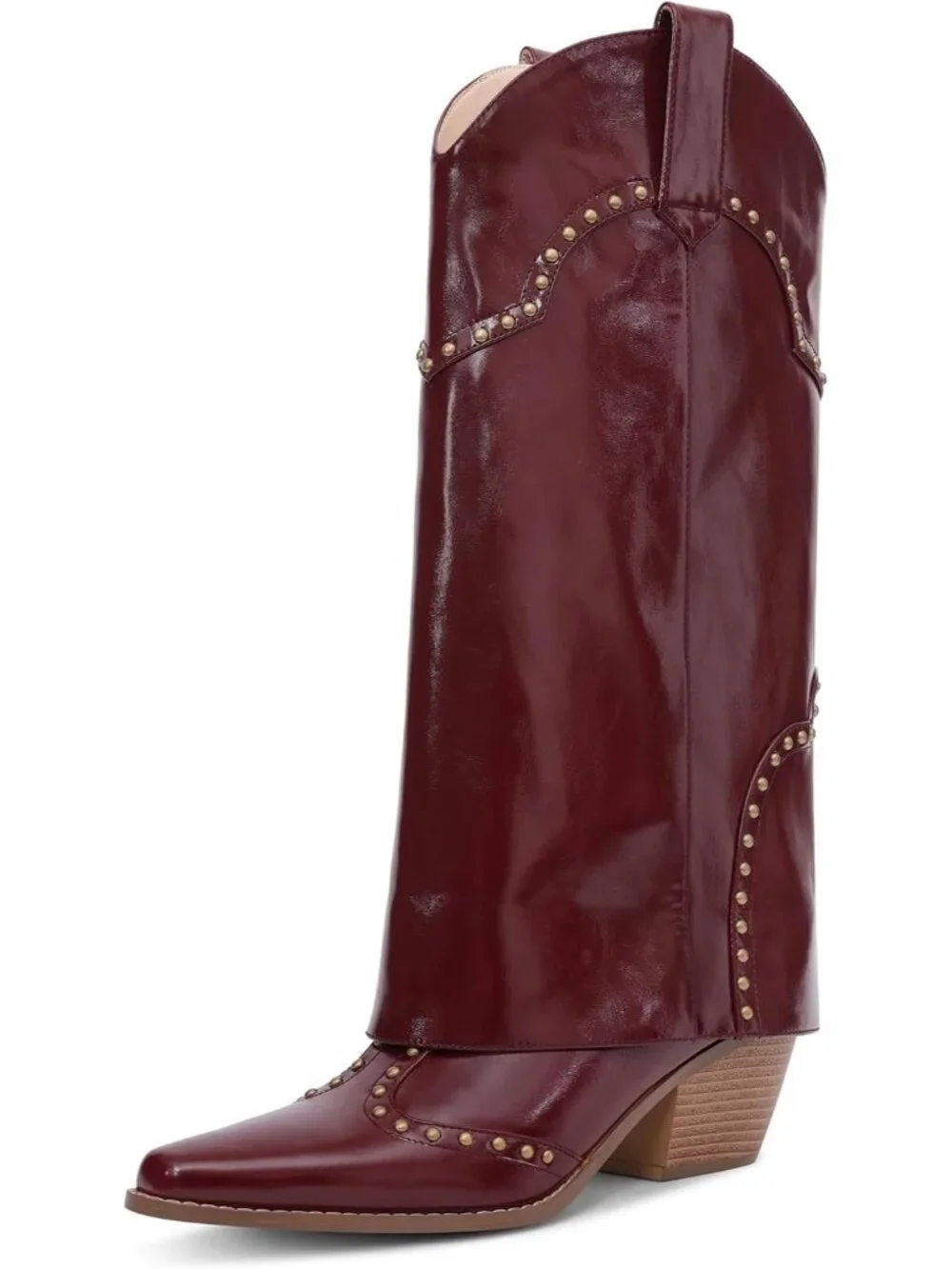 Women's Burgundy Faux Leather Over Boot Knee High Chunky Heel  Cowgirl Boot